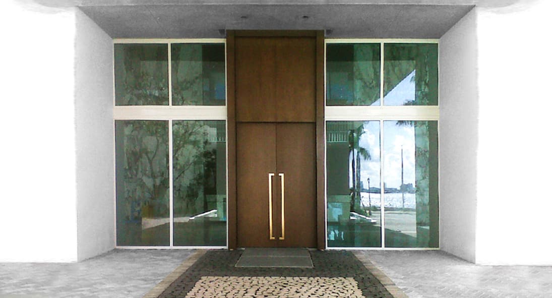 Commercial lobby with mahogany pivot doors